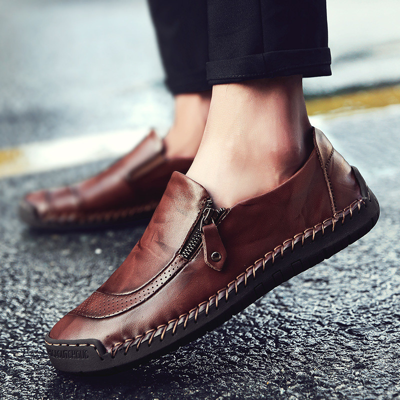 Mens Waterproof Handmade Side Zipper Casual Comfy Leather Slip On Loafers-caipcmall