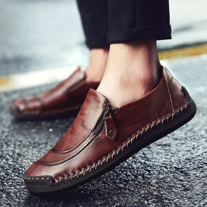 Mens Waterproof Handmade Side Zipper Casual Comfy Leather Slip On Loafers-caipcmall