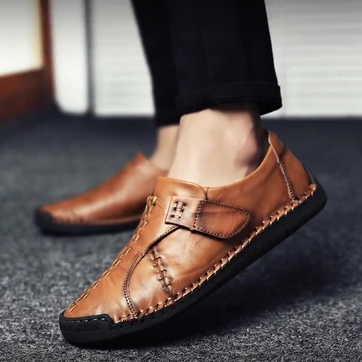 Mens Genuine Leather Comfy Soft Sole Slip On Loafers-caipcmall