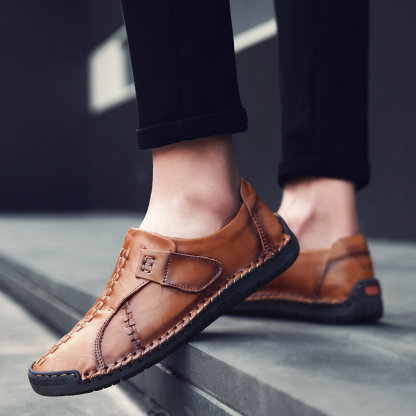 Mens Genuine Leather Comfy Soft Sole Slip On Loafers-caipcmall