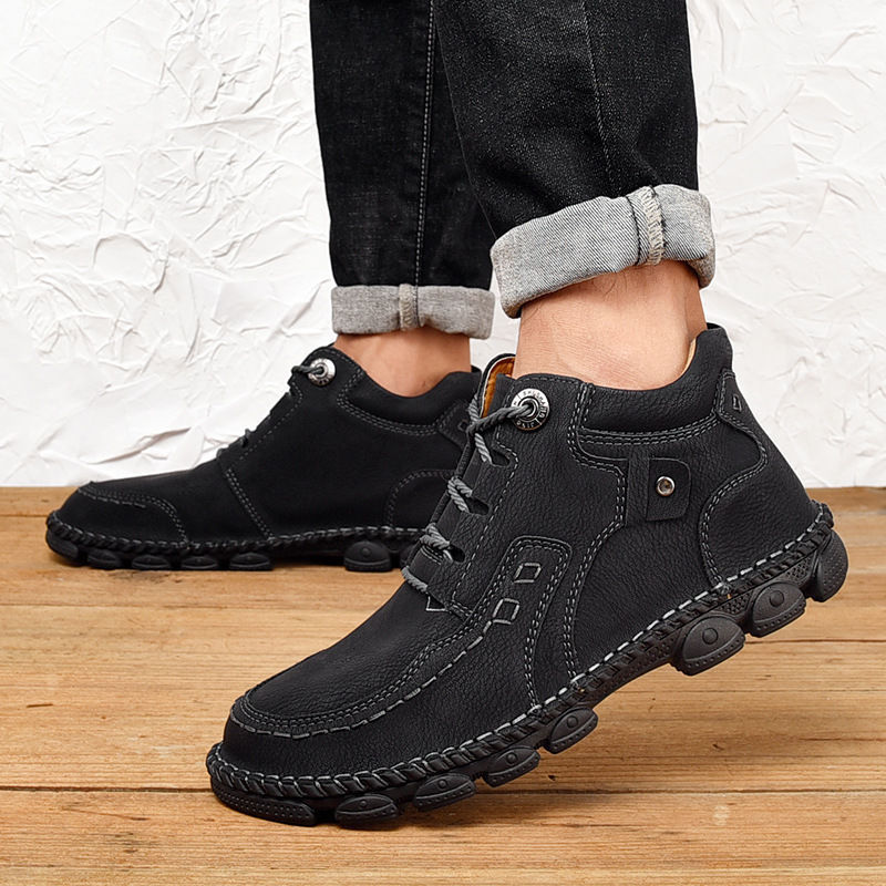 Men's hand-stitched fleece lined non-slip soft sole leather booties-caipcmall