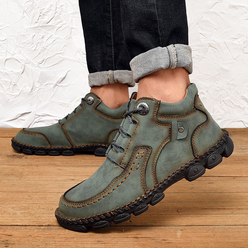 Men's hand-stitched fleece lined non-slip soft sole leather booties-caipcmall