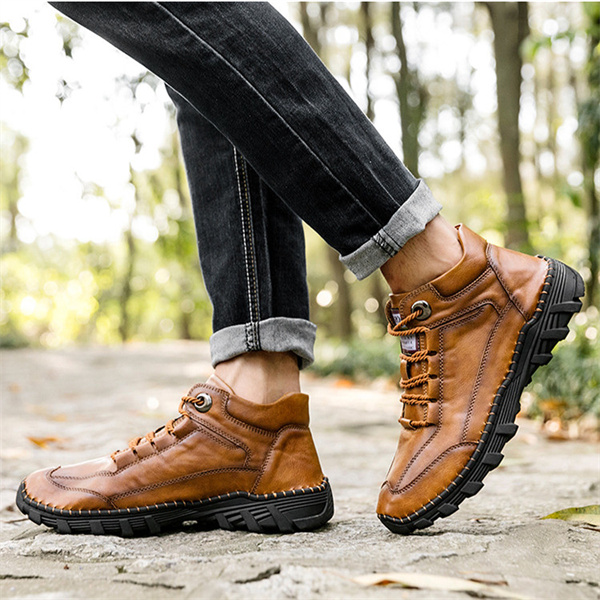 Men's Genuine Leather Boots Hand Stitched Comfort Shoes Large Size Retro Casual Boots.-caipcmall
