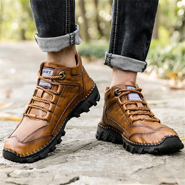 Men's Genuine Leather Boots Hand Stitched Comfort Shoes Large Size Retro Casual Boots.-caipcmall