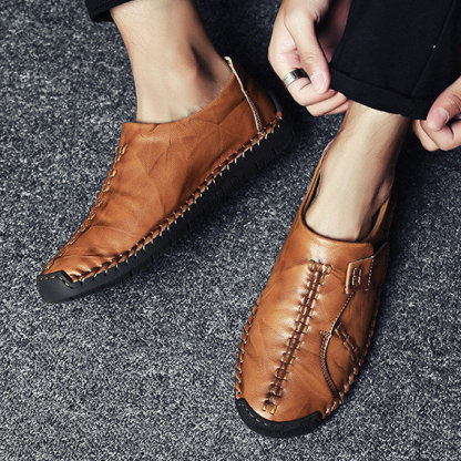 Mens Genuine Leather Comfy Soft Sole Slip On Loafers-caipcmall