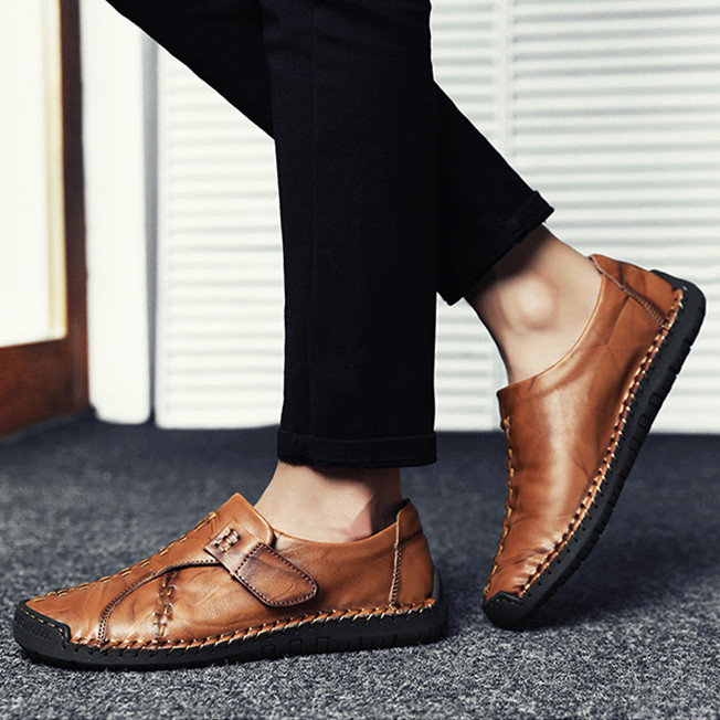 Mens Genuine Leather Comfy Soft Sole Slip On Loafers-caipcmall