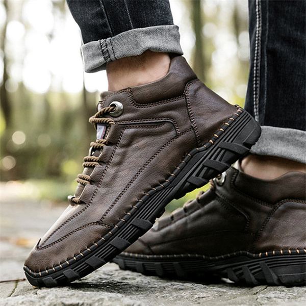 Men's Genuine Leather Boots Hand Stitched Comfort Shoes Large Size Retro Casual Boots.-caipcmall