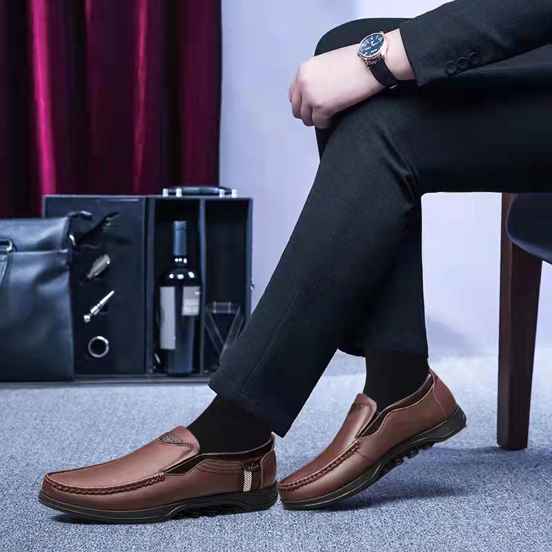 Mens Genuine Leather Non-Slip Soft Sole Casual Business Slip On Loafers