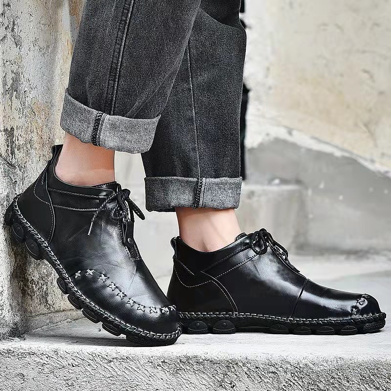 Mens Hand Stitching Non-Slip Soft Sole Genuine Leather Ankle Chukka Boots-caipcmall