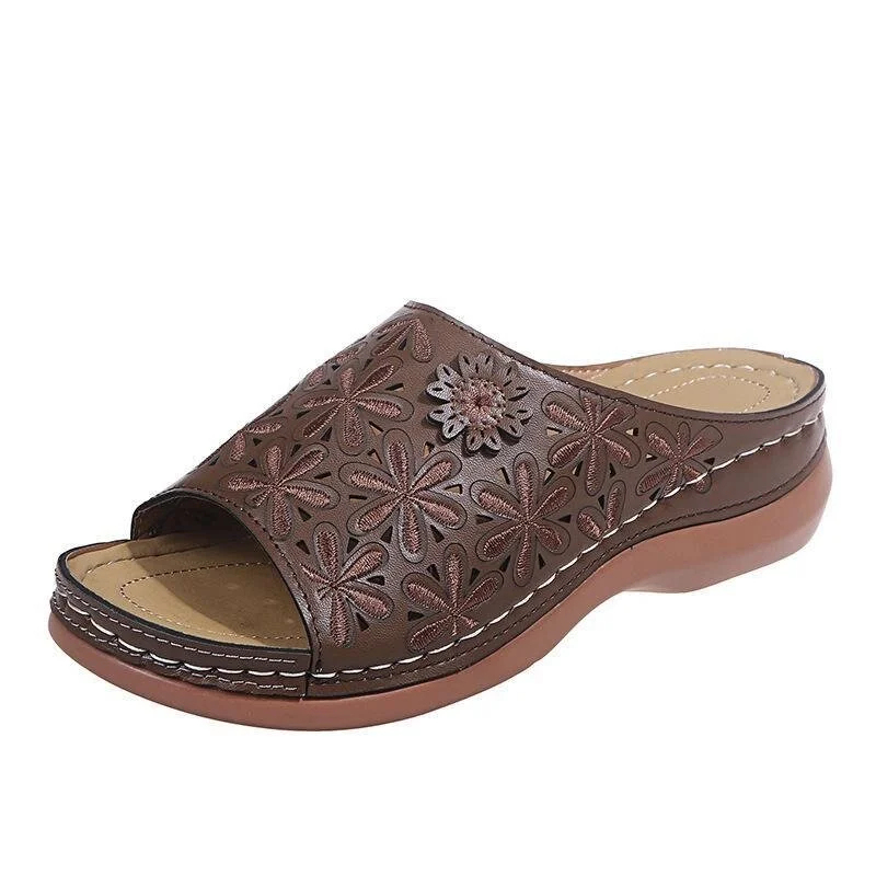 Women's vintage flower embroidered cut-out leather orthopedic sandals.