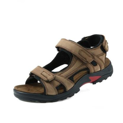 Men's first layer leather beach shoes open toe slip summer handmade large size sandals outdoor-caipcmall
