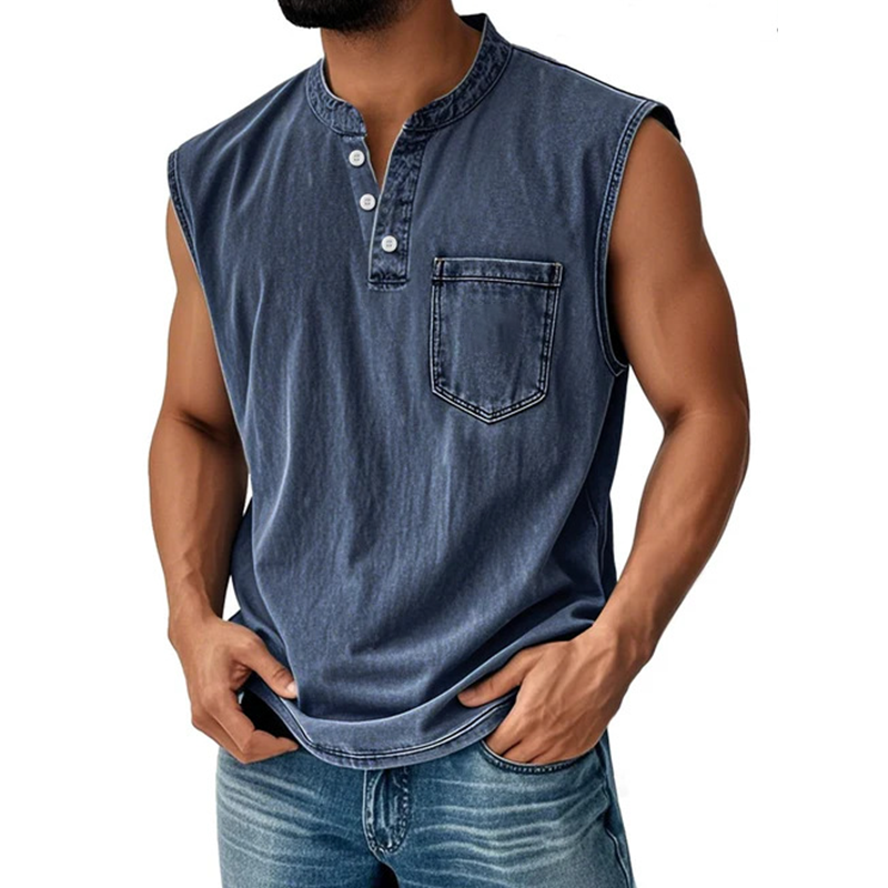 Men's Vintage Distressed Casual Round Neck Pocket Solid Color Sleeveless Vest