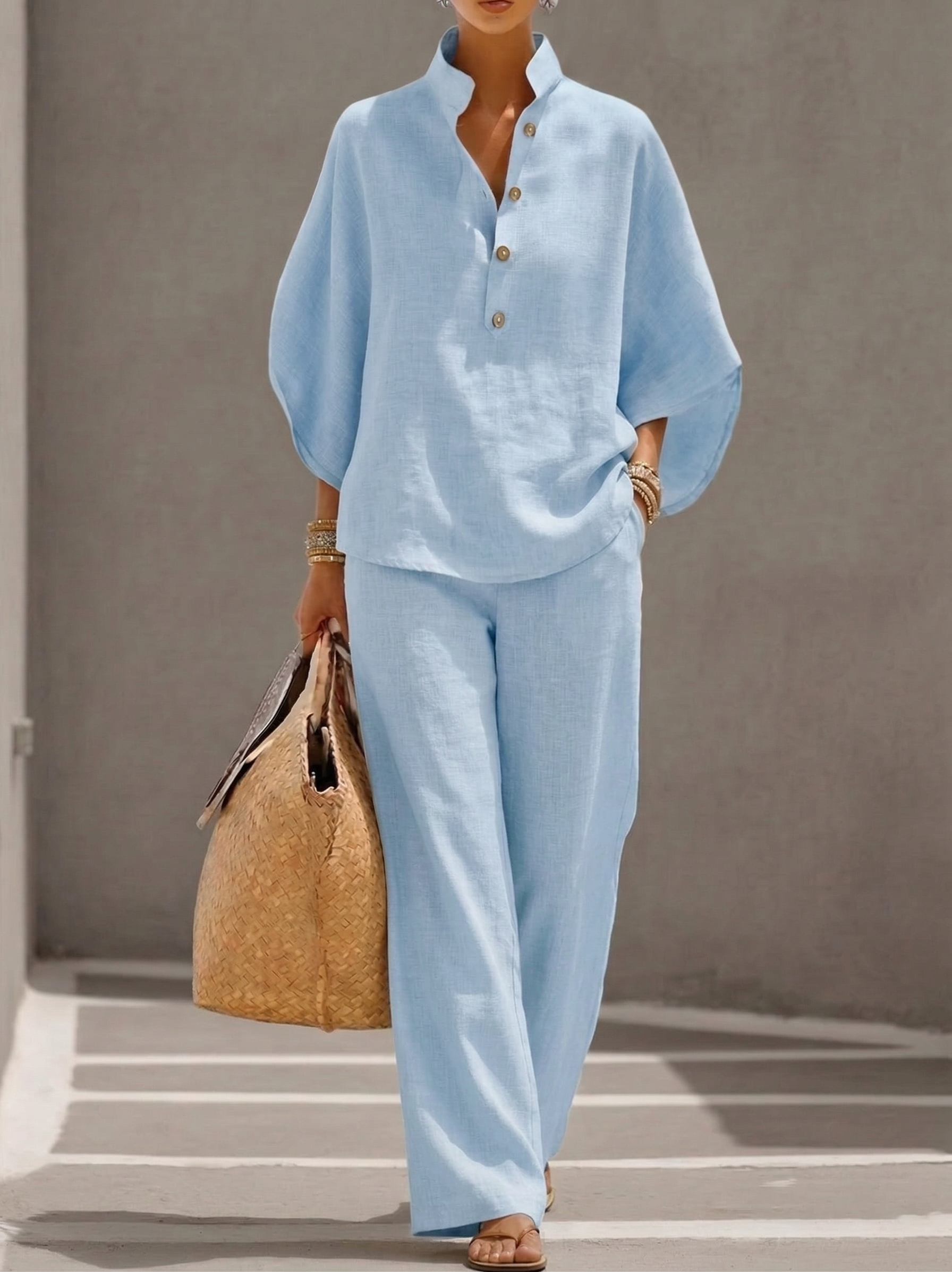 Casual Batwing Sleeve Linen And Cotton Shirt And Trousers Two-piece Set