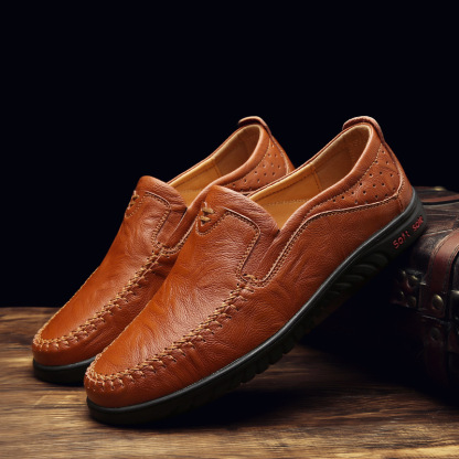 Mens Genuine Leather Soft Insole Casual Business Slip On Loafers-caipcmall