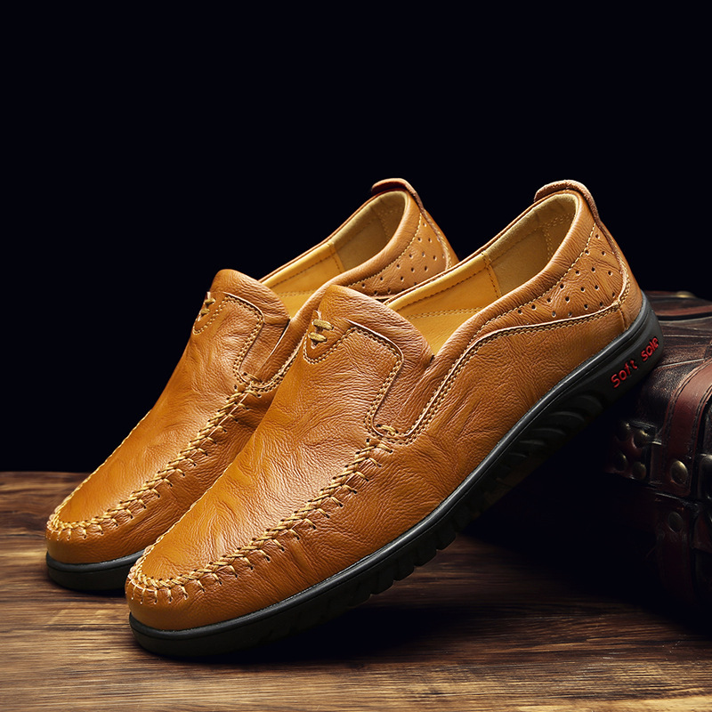 Mens Genuine Leather Soft Insole Casual Business Slip On Loafers-caipcmall