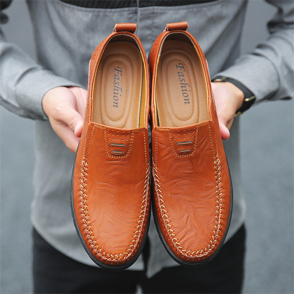 Mens Genuine Leather Soft Insole Casual Business Slip On Loafers-caipcmall