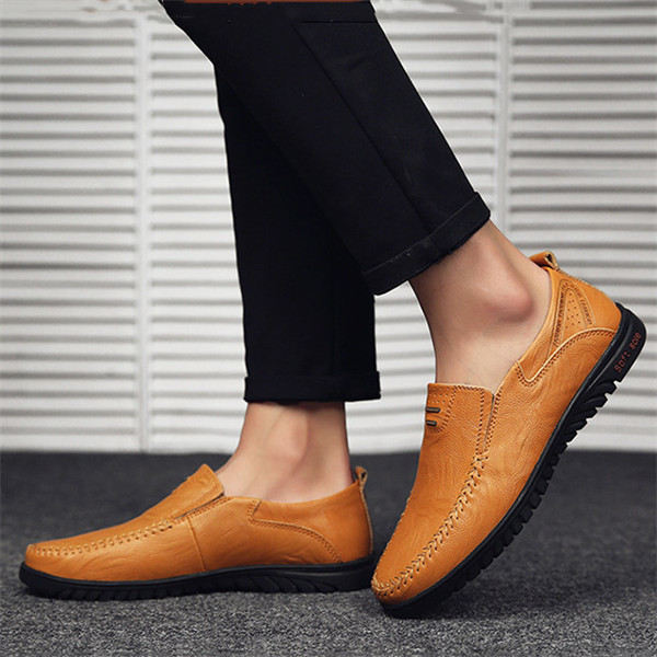 Mens Genuine Leather Soft Insole Casual Business Slip On Loafers-caipcmall