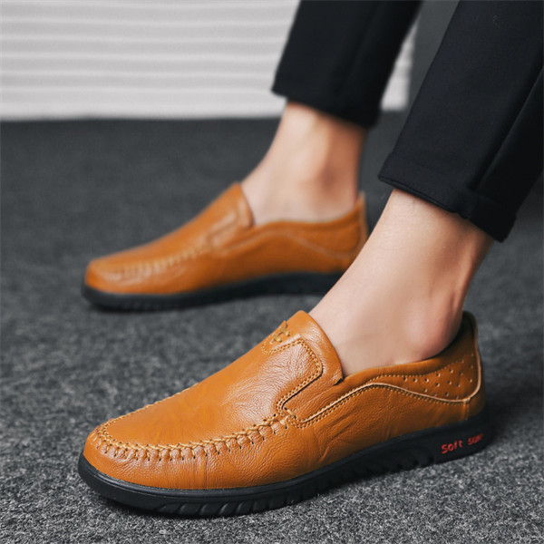 Mens Genuine Leather Soft Insole Casual Business Slip On Loafers-caipcmall
