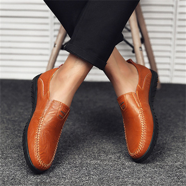 Mens Genuine Leather Soft Insole Casual Business Slip On Loafers-caipcmall