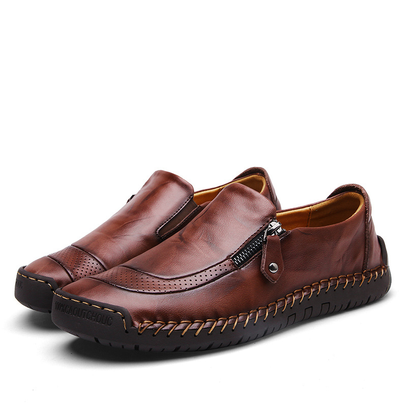 Mens Waterproof Handmade Side Zipper Casual Comfy Leather Slip On Loafers-caipcmall