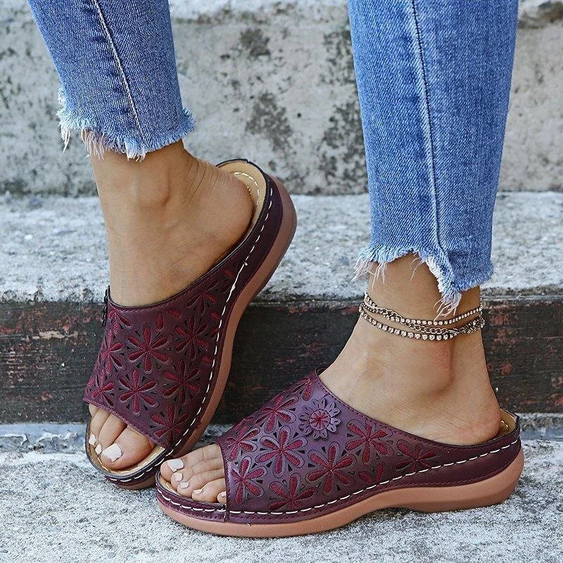 Women's vintage flower embroidered cut-out leather orthopedic sandals.
