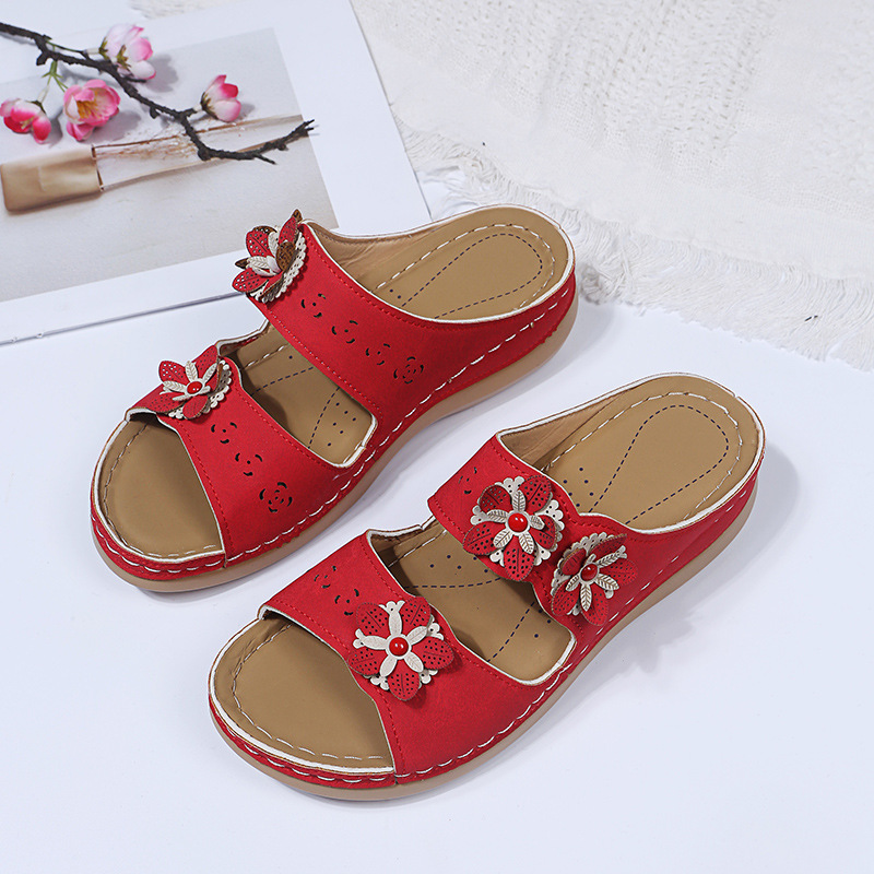 Women Comfortable Beach Shoes Hollow Flower Wedge Platform Roman Style Sandals