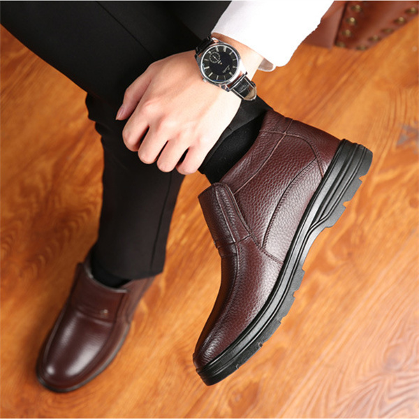 Men's Genuine Leather Comfort Shoes Fleece Lined Classic Loafers Winter Boots-caipcmall