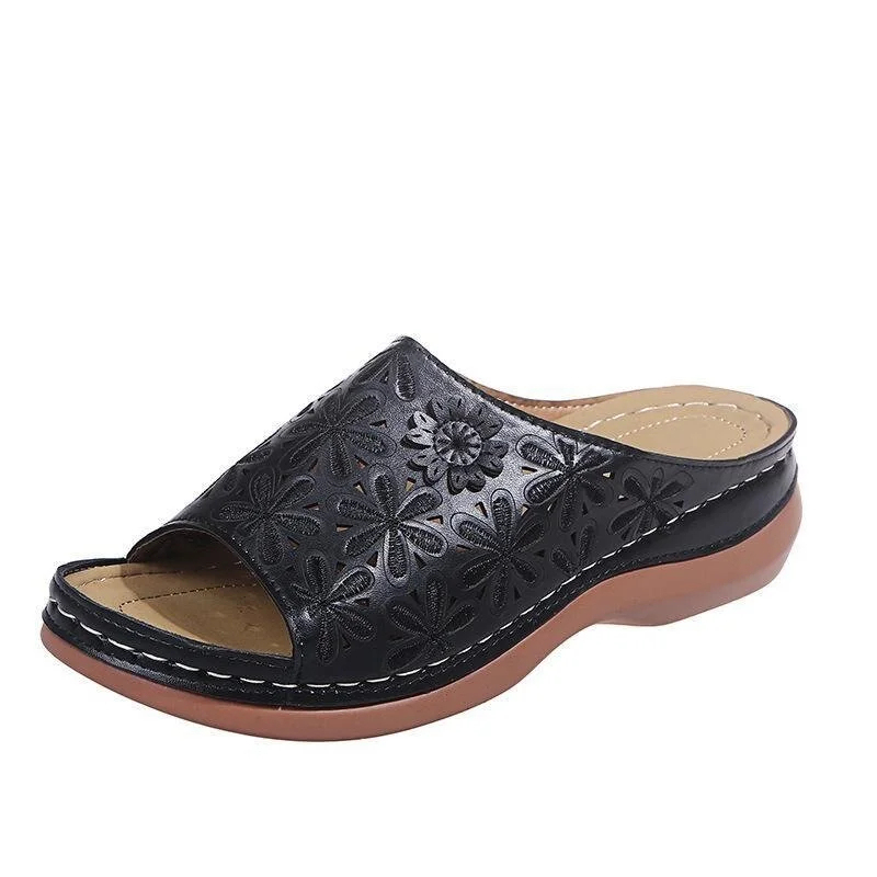 Women's vintage flower embroidered cut-out leather orthopedic sandals.