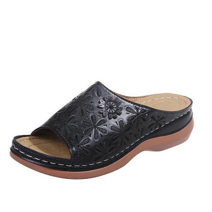 Women's vintage flower embroidered cut-out leather orthopedic sandals.