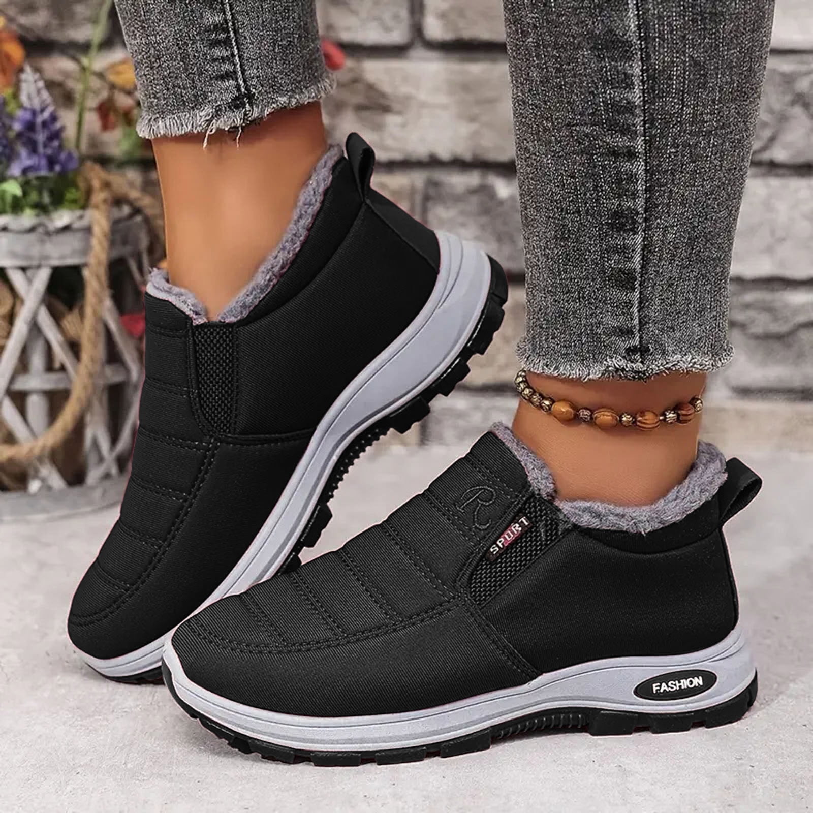 Women's Warm Sheepskin-Lined Boots Ladies Winter Ankle Slip on Short