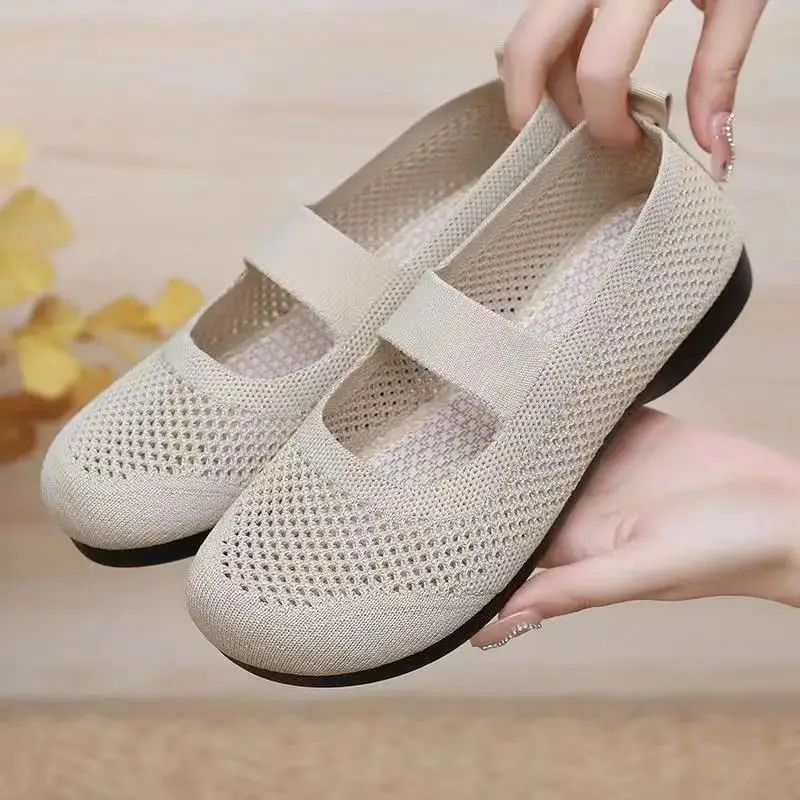 Women's Solid Color Mesh Flat Round Toe Shoes, Ankle Strap Lightweight Breathable Walking Shoes