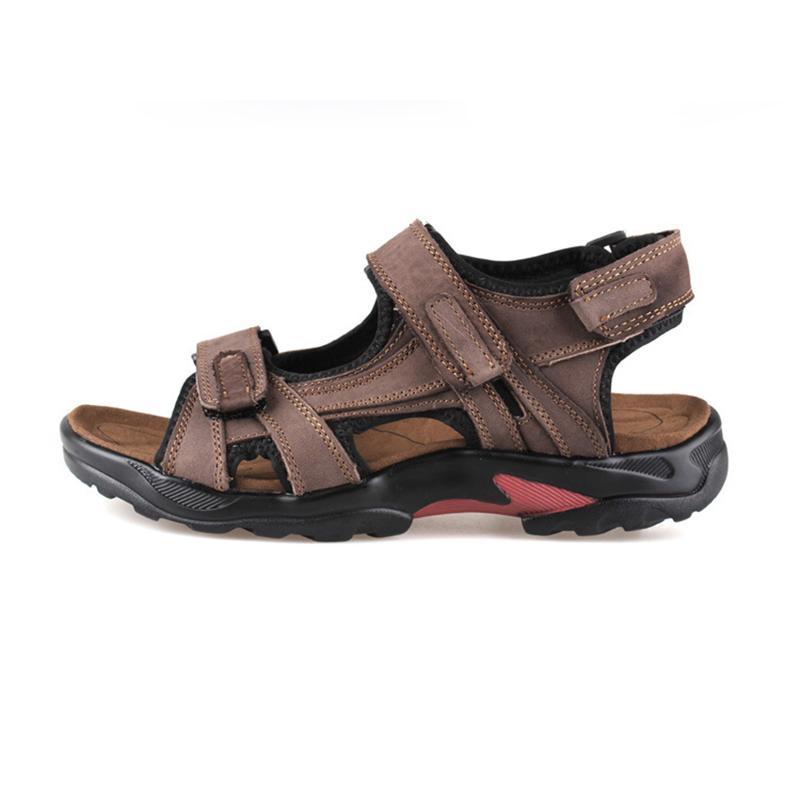 Men's first layer leather beach shoes open toe slip summer handmade large size sandals outdoor-caipcmall