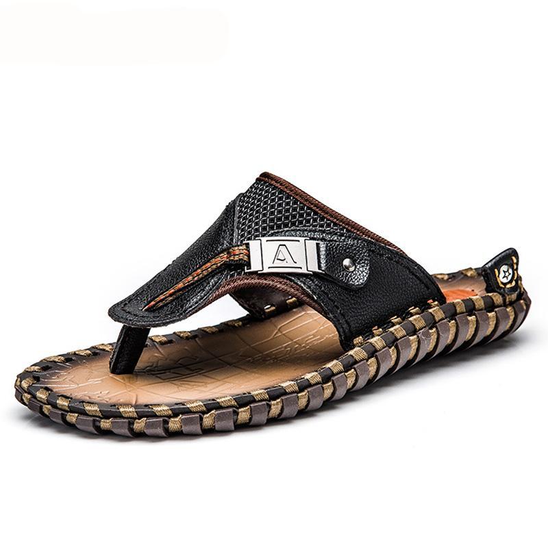2024 Summer Plus Size Hand-made Genuine Leather Men Slippers Beach Sandals-caipcmall