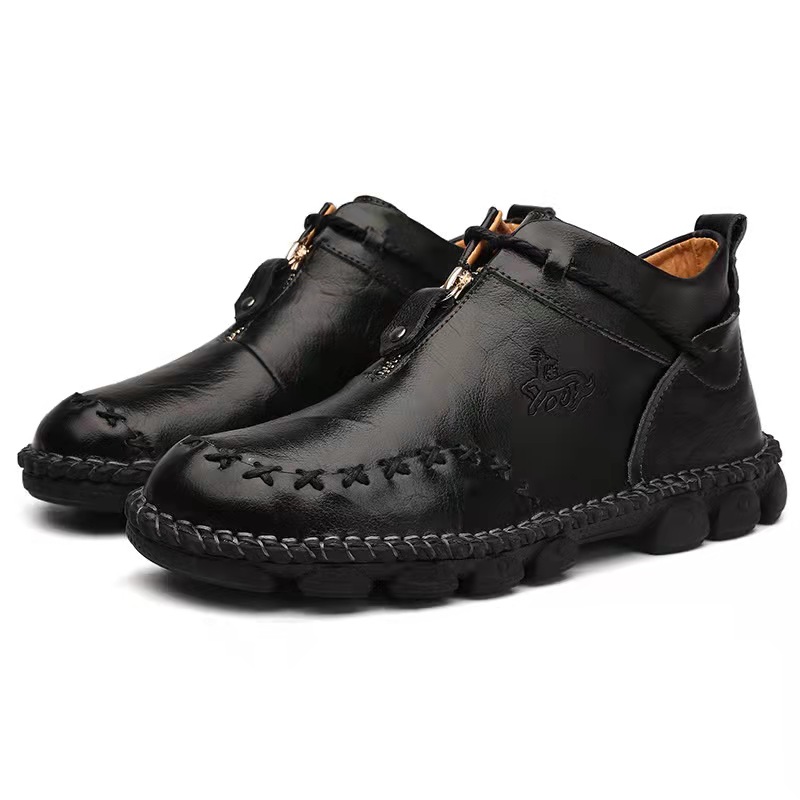 Mens Hand Stitching Non-Slip Soft Sole Genuine Leather Ankle Chukka Boots-caipcmall