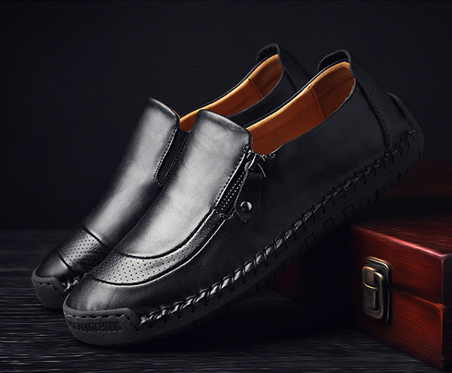 Mens Waterproof Handmade Side Zipper Casual Comfy Leather Slip On Loafers-caipcmall