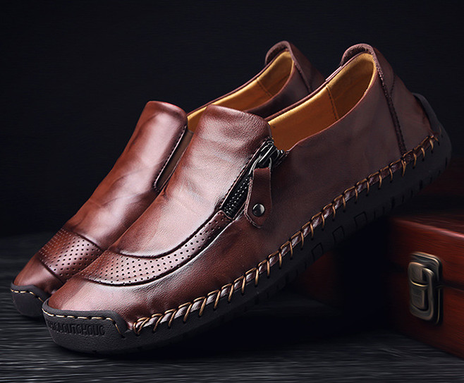 Mens Waterproof Handmade Side Zipper Casual Comfy Leather Slip On Loafers-caipcmall