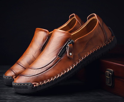 Mens Waterproof Handmade Side Zipper Casual Comfy Leather Slip On Loafers-caipcmall