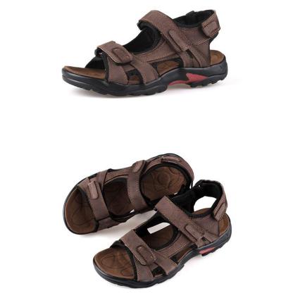 Men's first layer leather beach shoes open toe slip summer handmade large size sandals outdoor-caipcmall