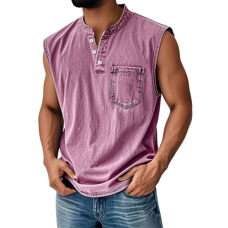 Men's Vintage Distressed Casual Round Neck Pocket Solid Color Sleeveless Vest