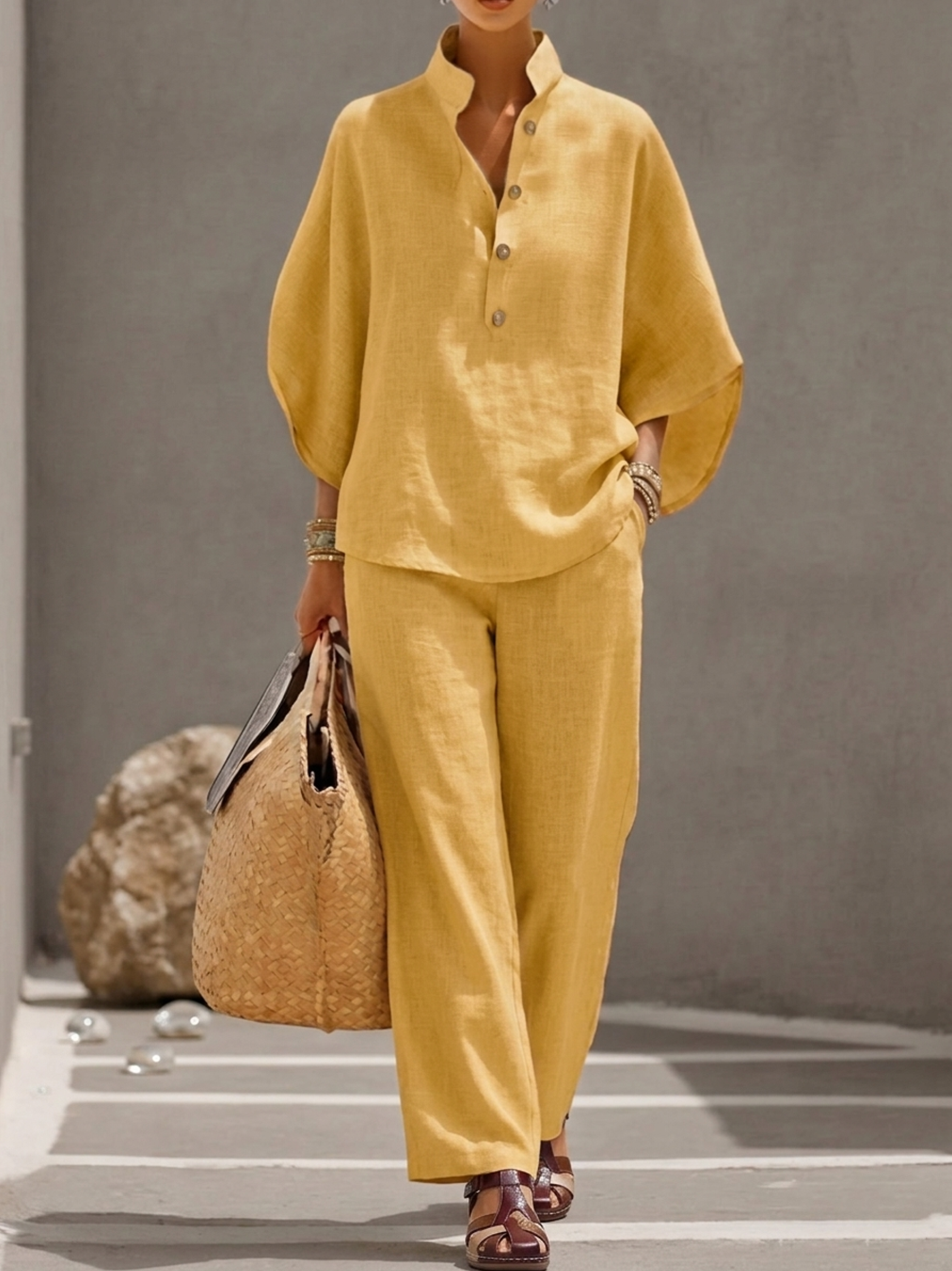 Casual Batwing Sleeve Linen And Cotton Shirt And Trousers Two-piece Set