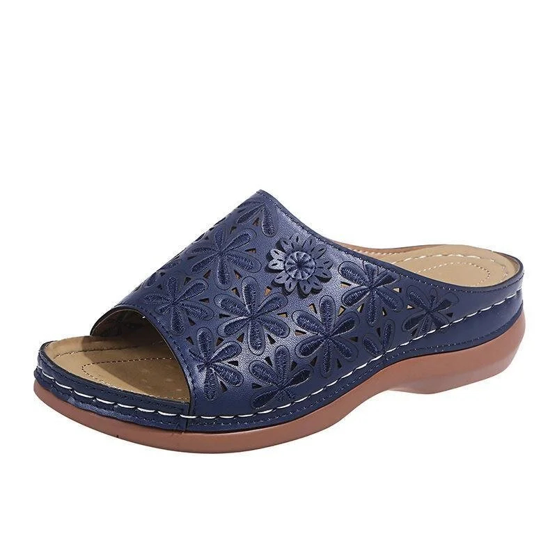 Women's vintage flower embroidered cut-out leather orthopedic sandals.