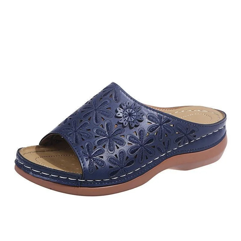 Women's vintage flower embroidered cut-out leather orthopedic sandals.