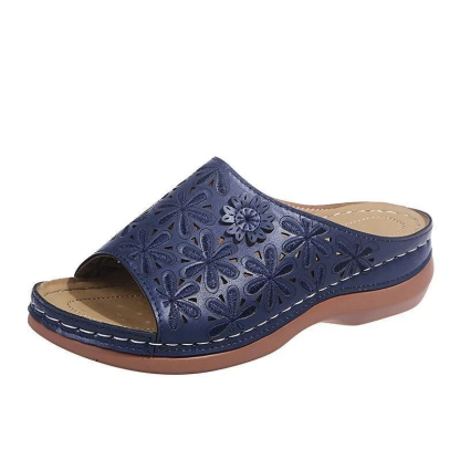 Women's vintage flower embroidered cut-out leather orthopedic sandals.