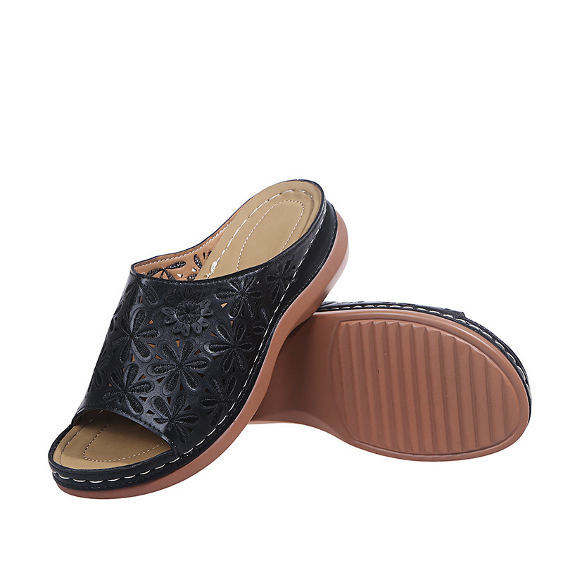 Women's vintage flower embroidered cut-out leather orthopedic sandals.