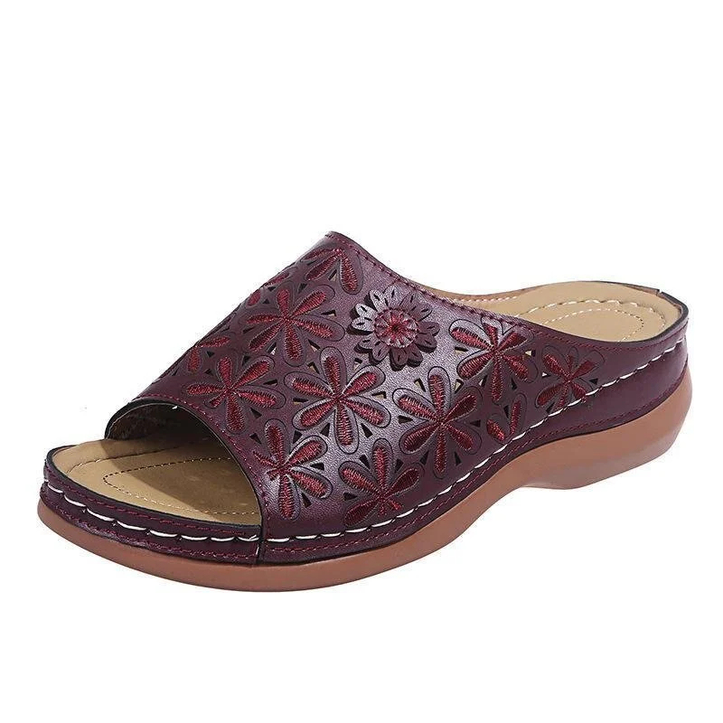Women's vintage flower embroidered cut-out leather orthopedic sandals.