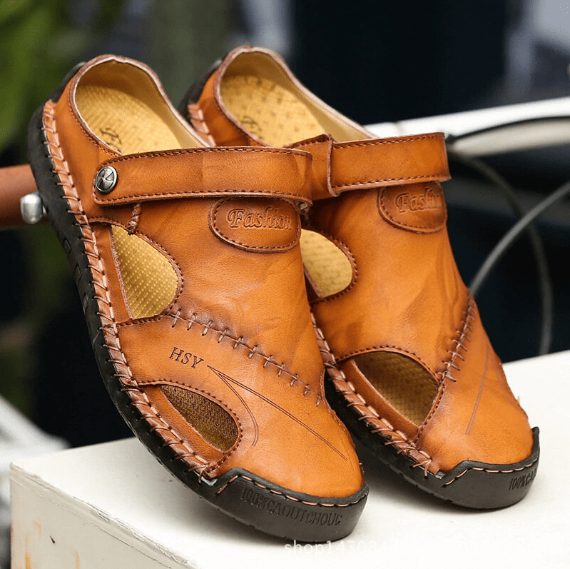 Mens Casual Comfy Soft Sole Non-Slip Closed Toe Leather Sandals-caipcmall