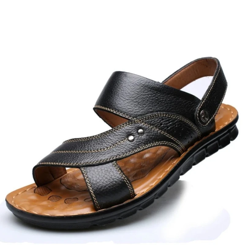 Men's Summer Genuine Leather Sandals Comfortable Slip-on Beach Shoes-caipcmall