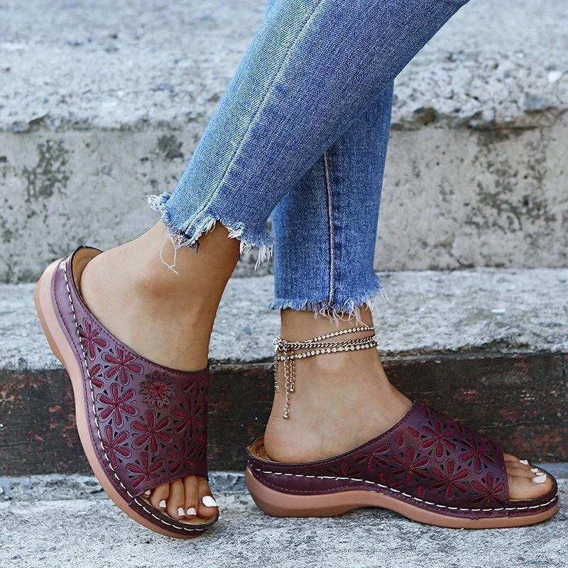 Women's vintage flower embroidered cut-out leather orthopedic sandals.