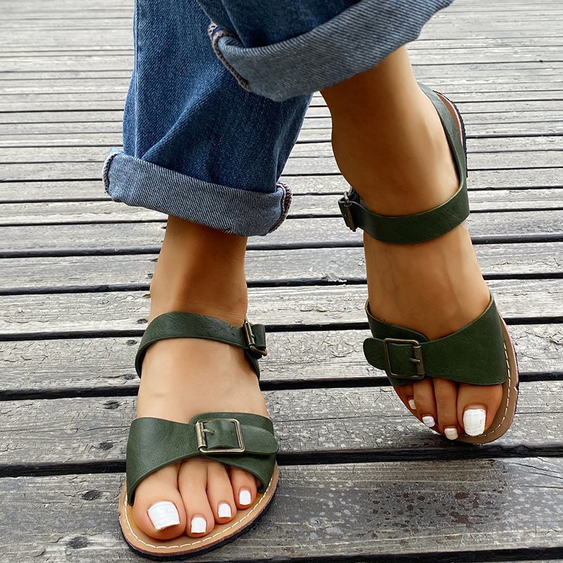 Women's Vintage Green Adjustable Leather Sandals
