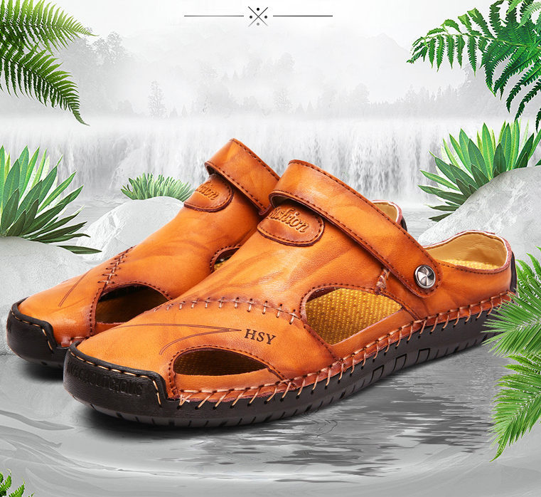 Mens Casual Comfy Soft Sole Non-Slip Closed Toe Leather Sandals-caipcmall